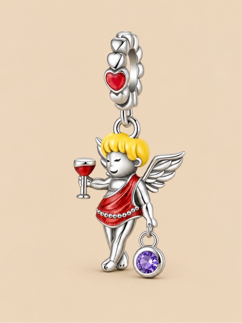 Sterling Silver Angel Charm Pendant with Red Dress and Purple Gem